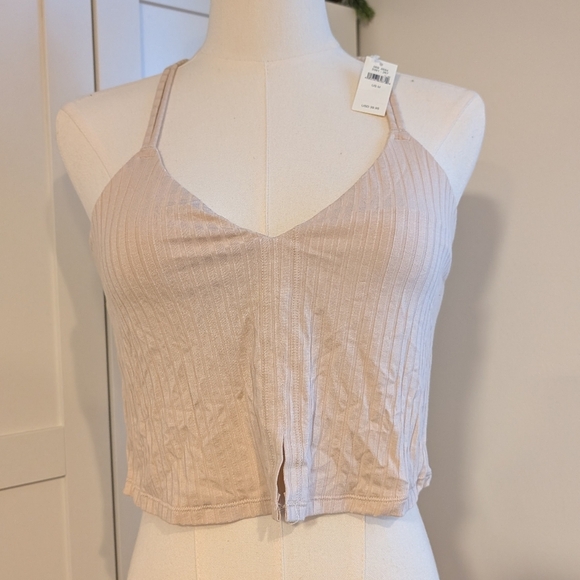 NWT Aerie Crochet Lace cropped tank top with shelf bra Nude tan ribbed Medium - Picture 2 of 5